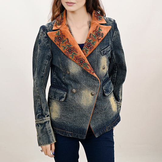 ADBZ032 Genuine Suede leather Women 100% Cotton Denim Blazer dress jacket