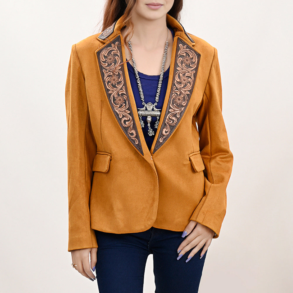 ADBZ033 Golden Genuine suede Western Blazer with Hand-Tooled Leather Lapels - Cowgirl Luxe Style