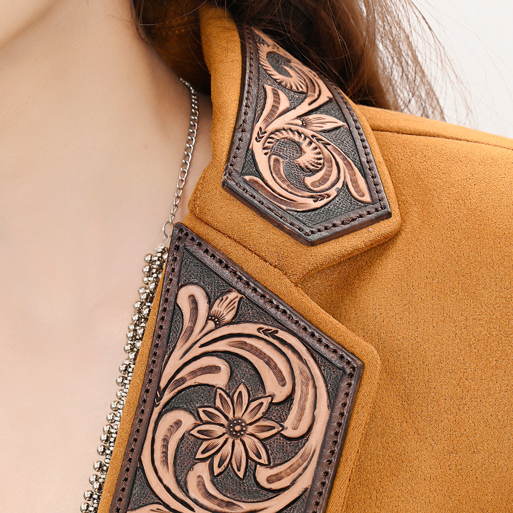 ADBZ033 Mustard Fabric Western Blazer with Hand-Tooled Harness Leather Trim