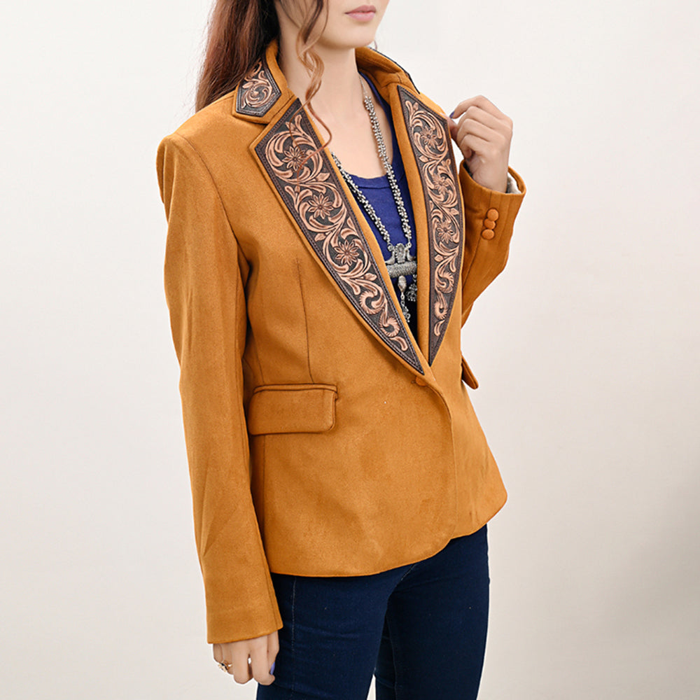 ADBZ033 Golden Genuine suede Western Blazer with Hand-Tooled Leather Lapels - Cowgirl Luxe Style