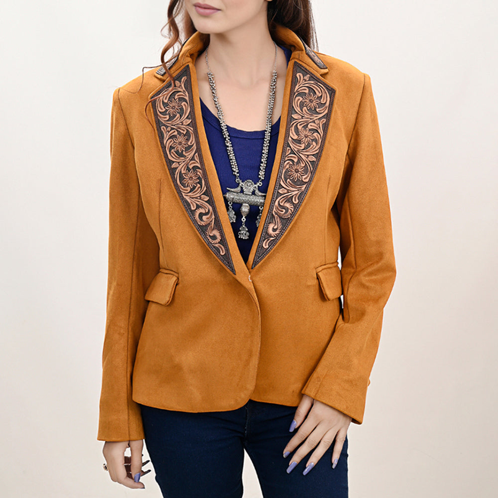 ADBZ033 Golden Genuine suede Western Blazer with Hand-Tooled Leather Lapels - Cowgirl Luxe Style