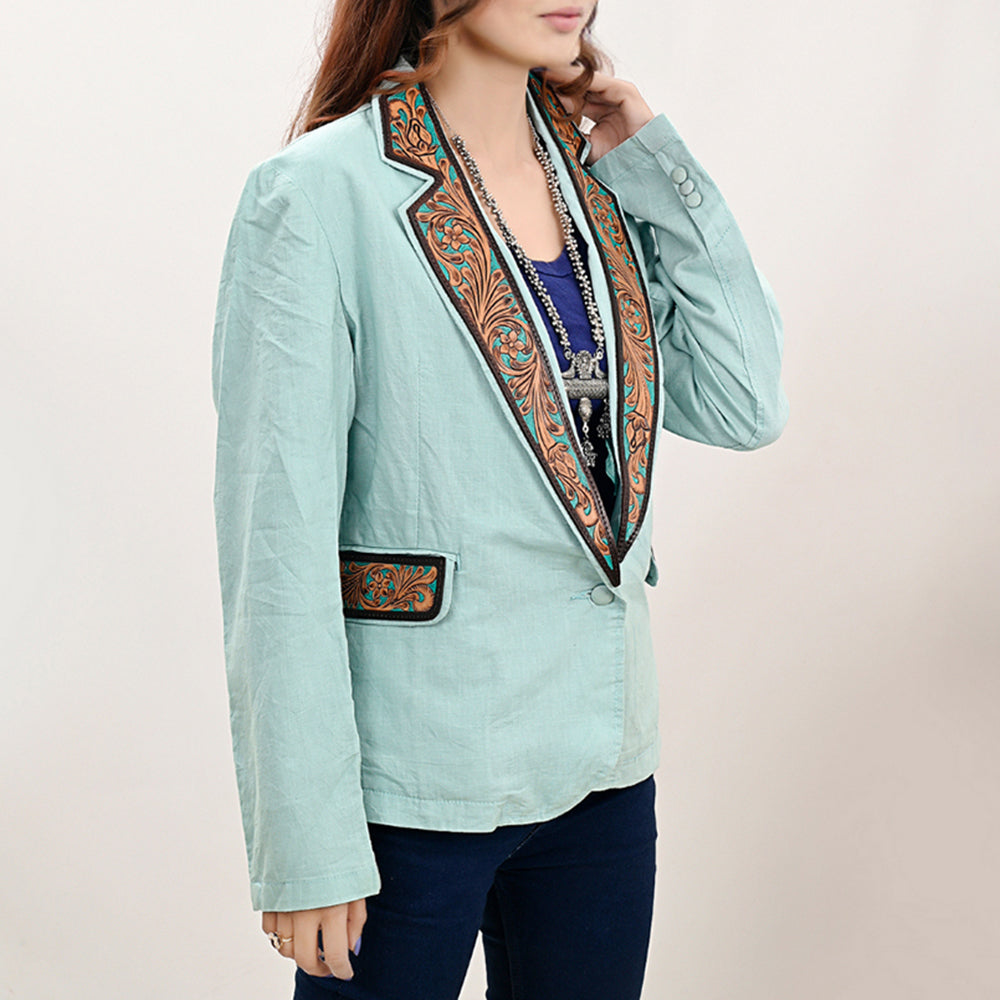 ADBZ034 Genuine leather Hand tooled Women Fabric Blazer dress jacket