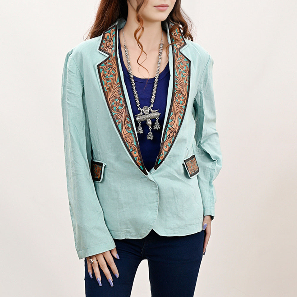 ADBZ034 Genuine leather Hand tooled Women Fabric Blazer dress jacket