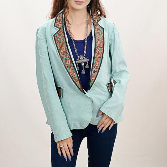 ADBZ034 Genuine leather Hand tooled Women Fabric Blazer dress jacket