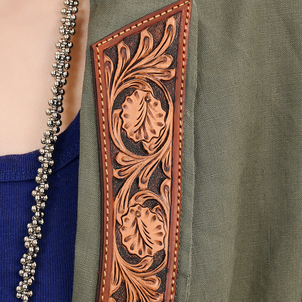 ADBZ035 Women Green Fabric Jacket Featuring Carved Harness Leather Lapels