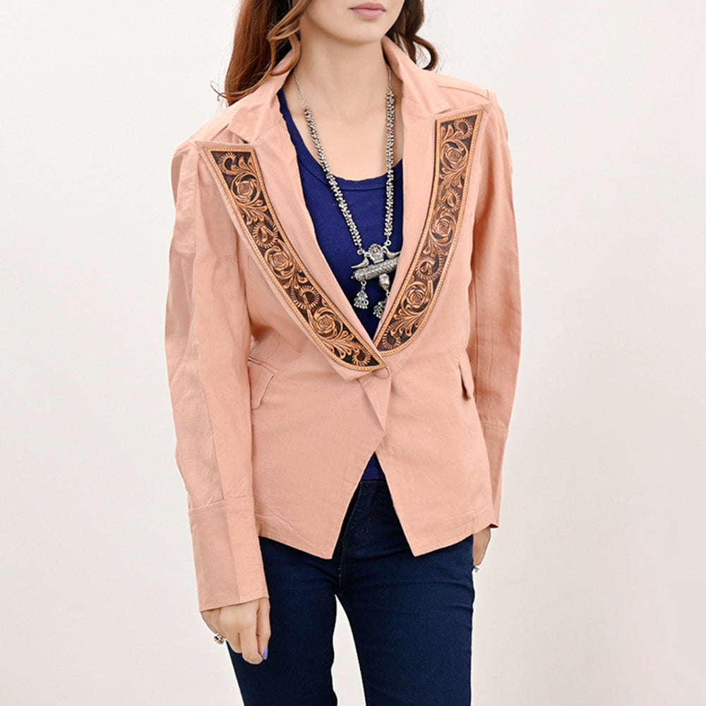 LC-ADBZ037 Dusty Peach Cowgirl Blazer with Hand-Tooled Leather Lapels - Western Boutique Style