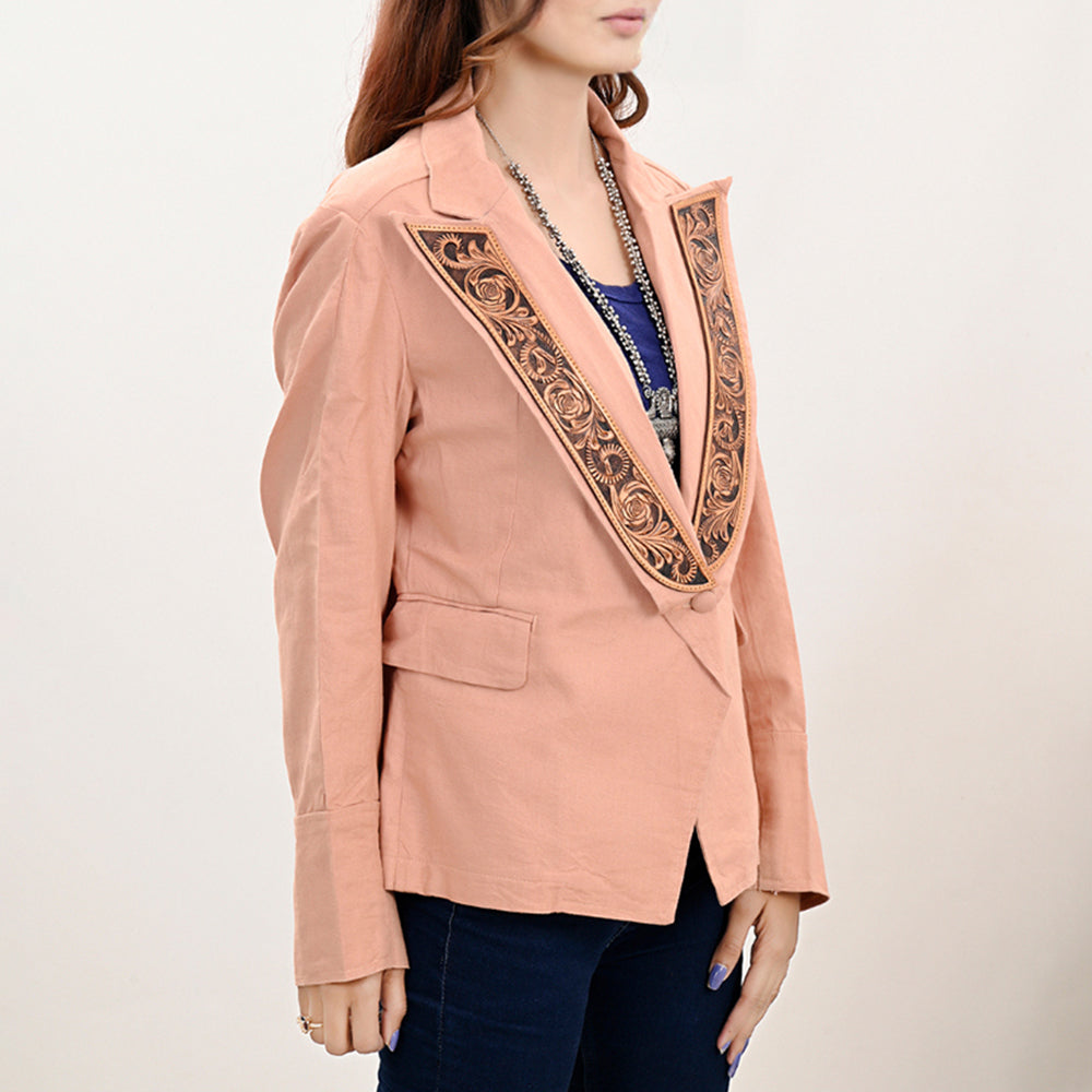 LC-ADBZ037 Dusty Peach Cowgirl Blazer with Hand-Tooled Leather Lapels - Western Boutique Style
