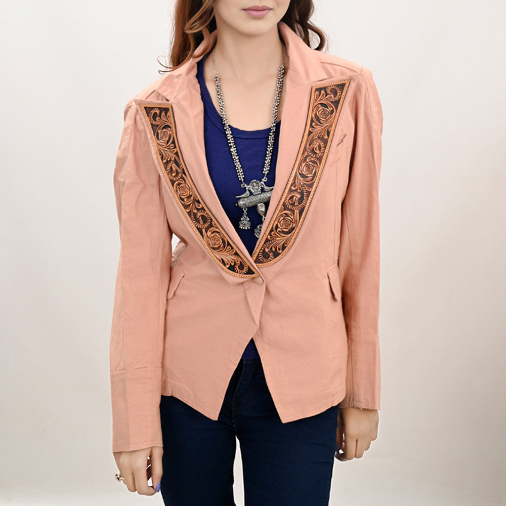 LC-ADBZ037 Dusty Peach Cowgirl Blazer with Hand-Tooled Leather Lapels - Western Boutique Style