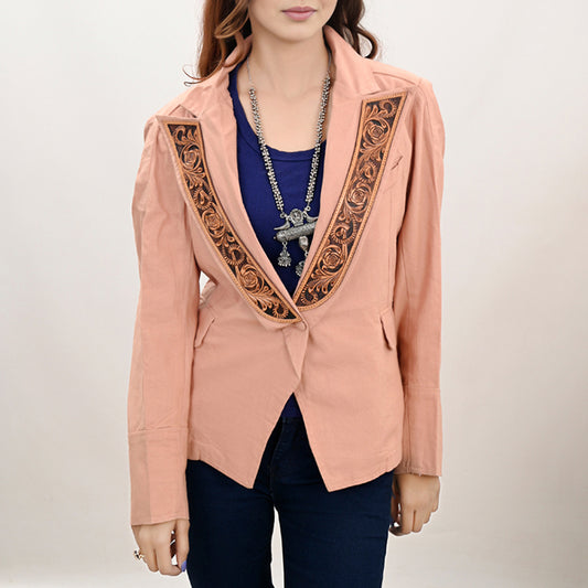 LC-ADBZ037 Dusty Peach Cowgirl Blazer with Hand-Tooled Leather Lapels - Western Boutique Style