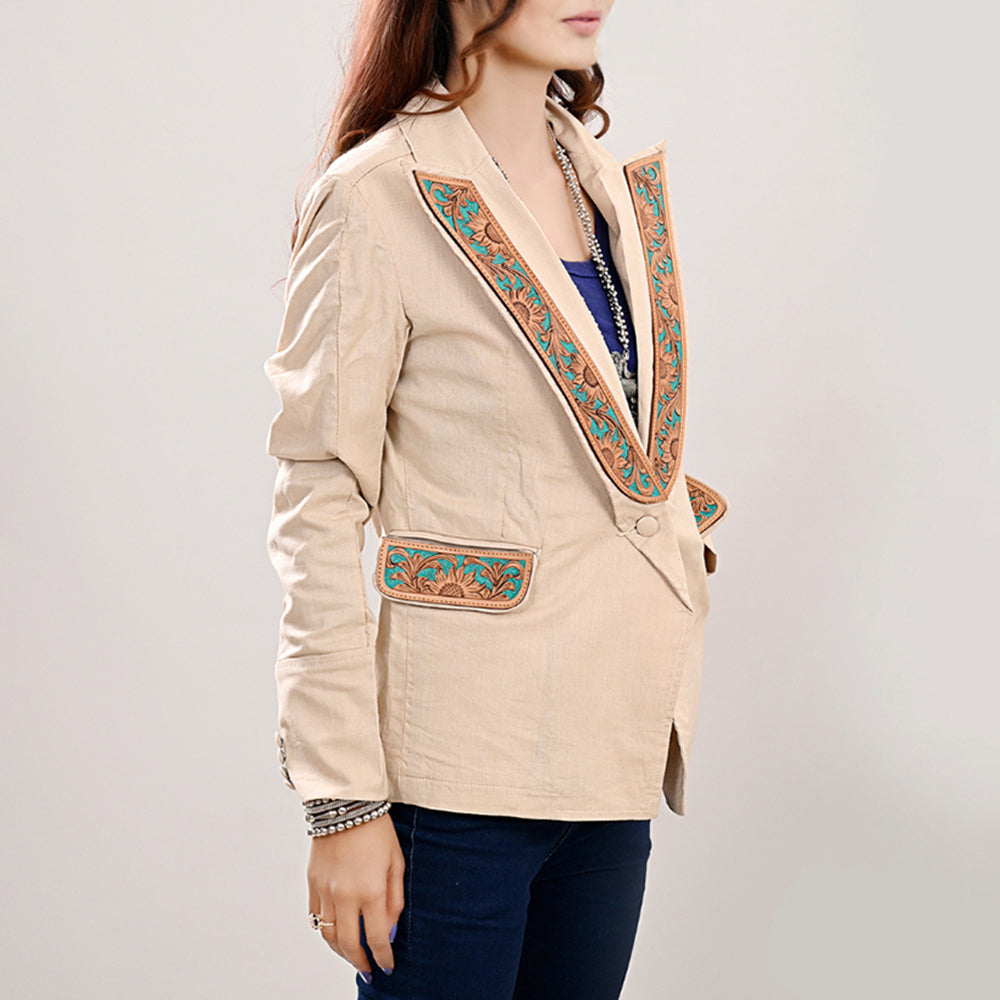 ADBZ038 Women's Peach Denim Jacket Featuring Floral Carved Harness Leather
