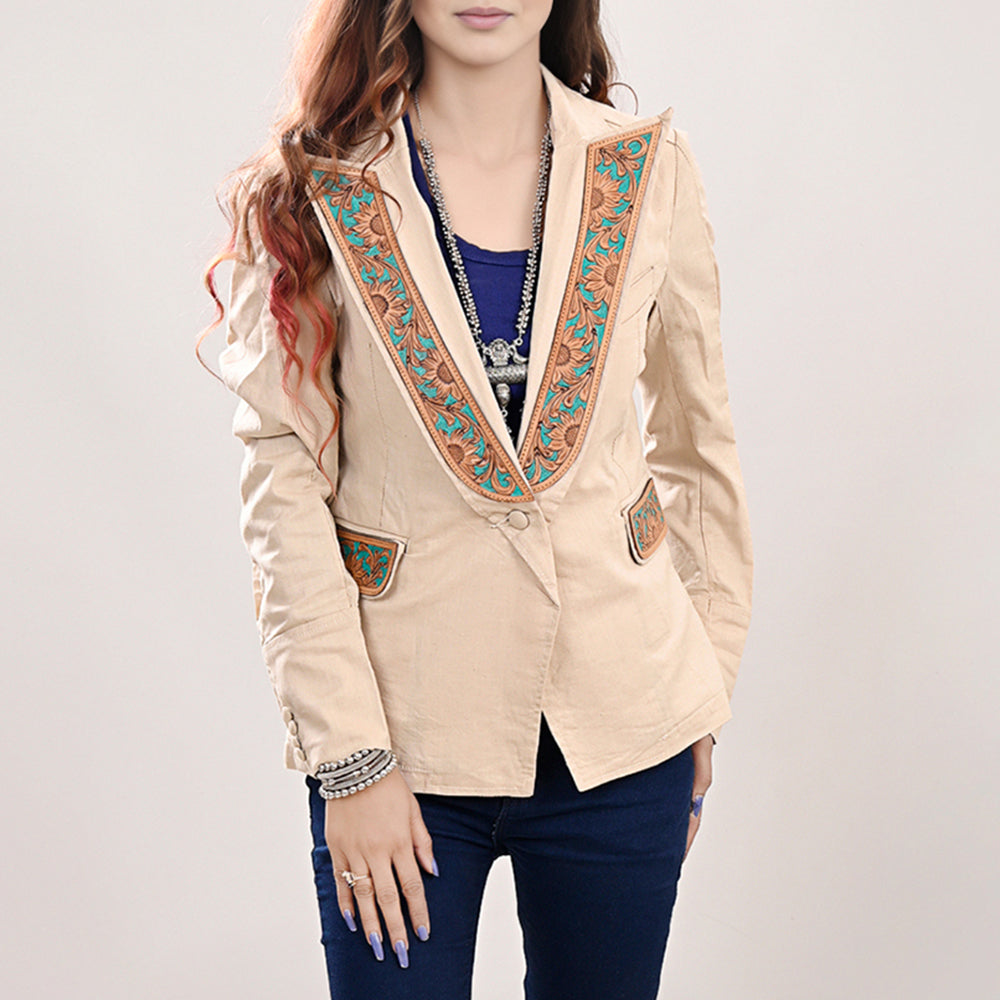 ADBZ038 Women's Peach Denim Jacket Featuring Floral Carved Harness Leather