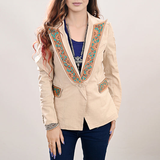 LC-ADBZ038 Genuine leather Hand tooled Women 100% Cotton Denim Blazer dress jacket