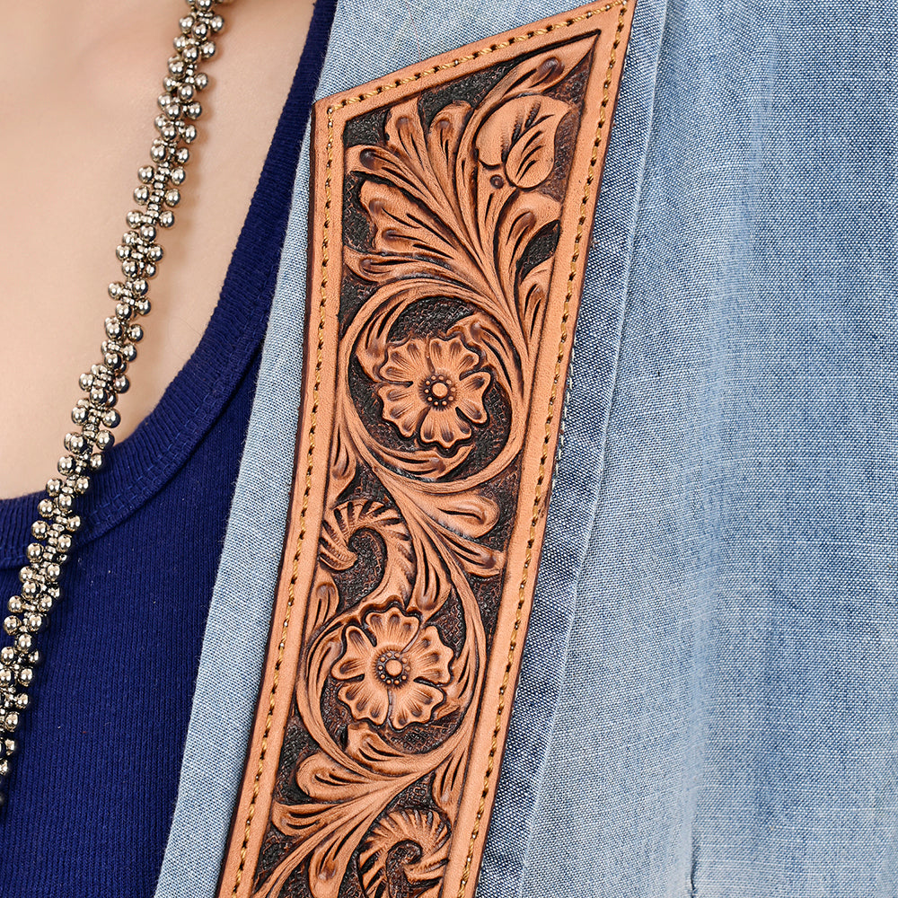 ADBZ039 Genuine leather Hand tooled Women 100% Cotton Denim Blazer dress jacket