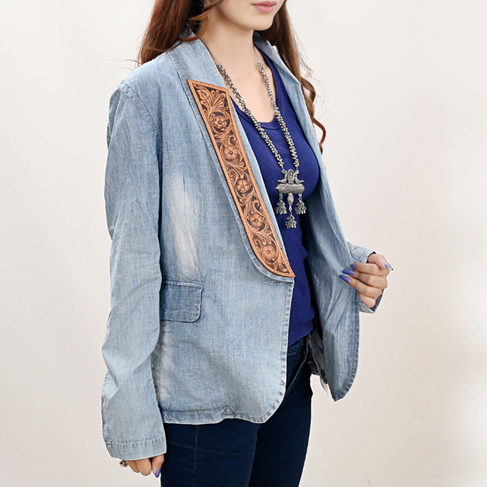 ADBZ039 Genuine leather Hand tooled Women 100% Cotton Denim Blazer dress jacket
