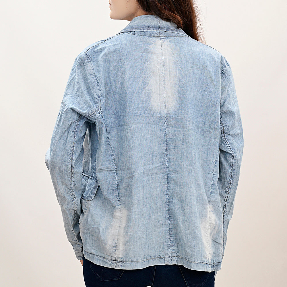 ADBZ039 Genuine leather Hand tooled Women 100% Cotton Denim Blazer dress jacket