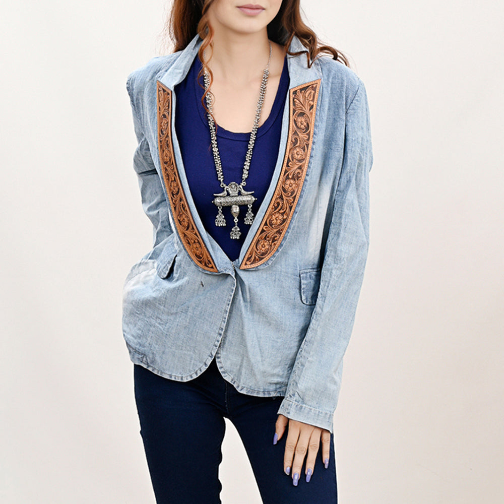 ADBZ039 Genuine leather Hand tooled Women 100% Cotton Denim Blazer dress jacket