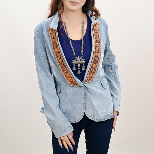 ADBZ039 Genuine leather Hand tooled Women 100% Cotton Denim Blazer dress jacket
