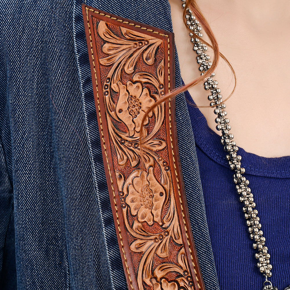 ADBZ040 Genuine leather Hand tooled Women 100% Cotton Denim Blazer dress jacket