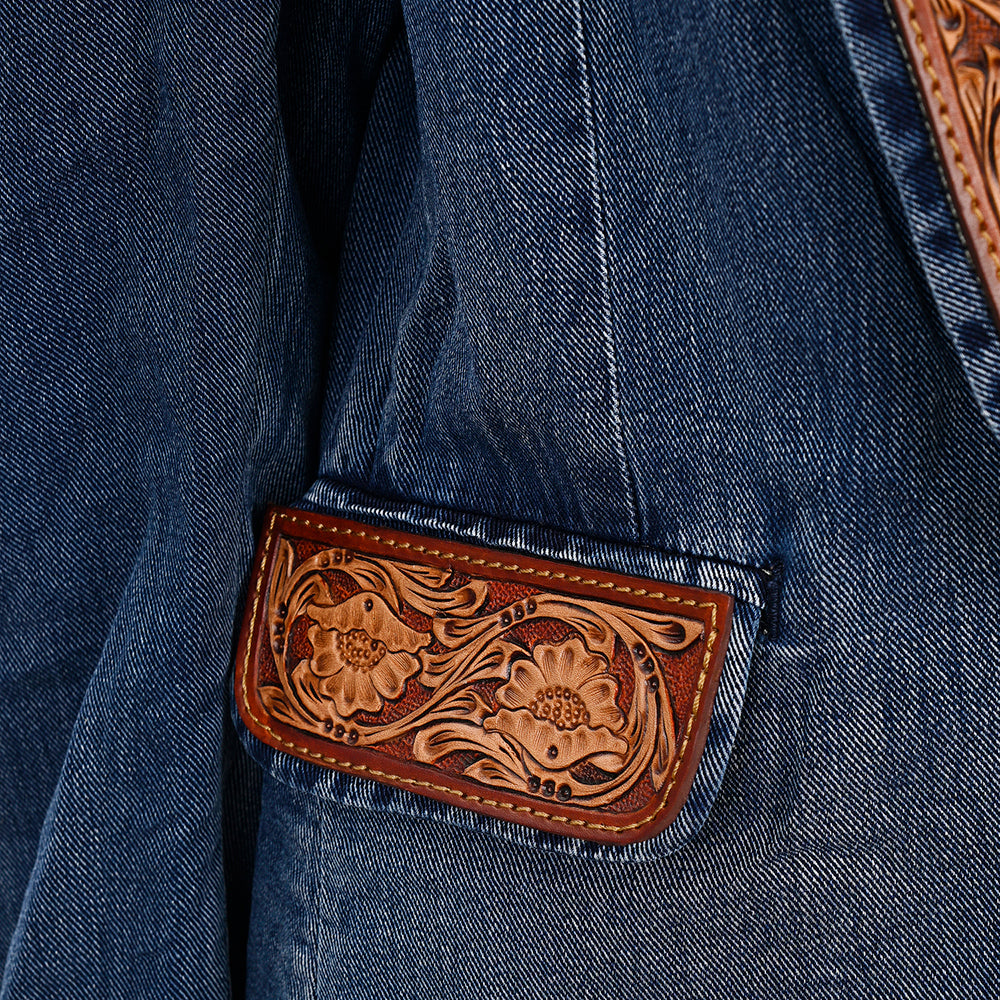 ADBZ040 Genuine leather Hand tooled Women 100% Cotton Denim Blazer dress jacket