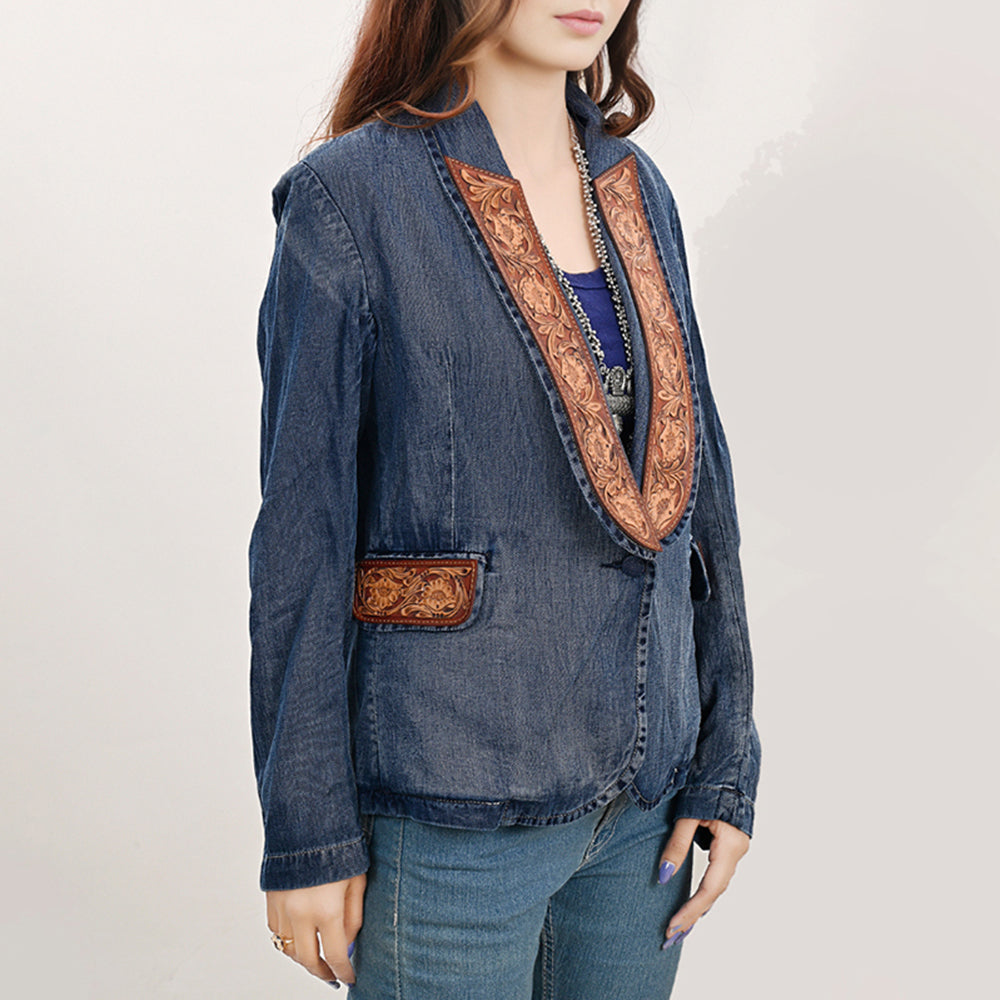 ADBZ040 Genuine leather Hand tooled Women 100% Cotton Denim Blazer dress jacket