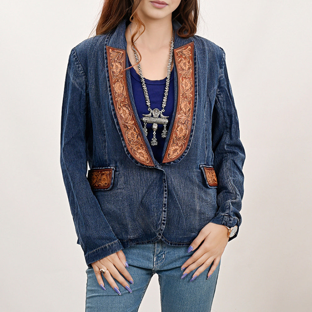 ADBZ040 Genuine leather Hand tooled Women 100% Cotton Denim Blazer dress jacket