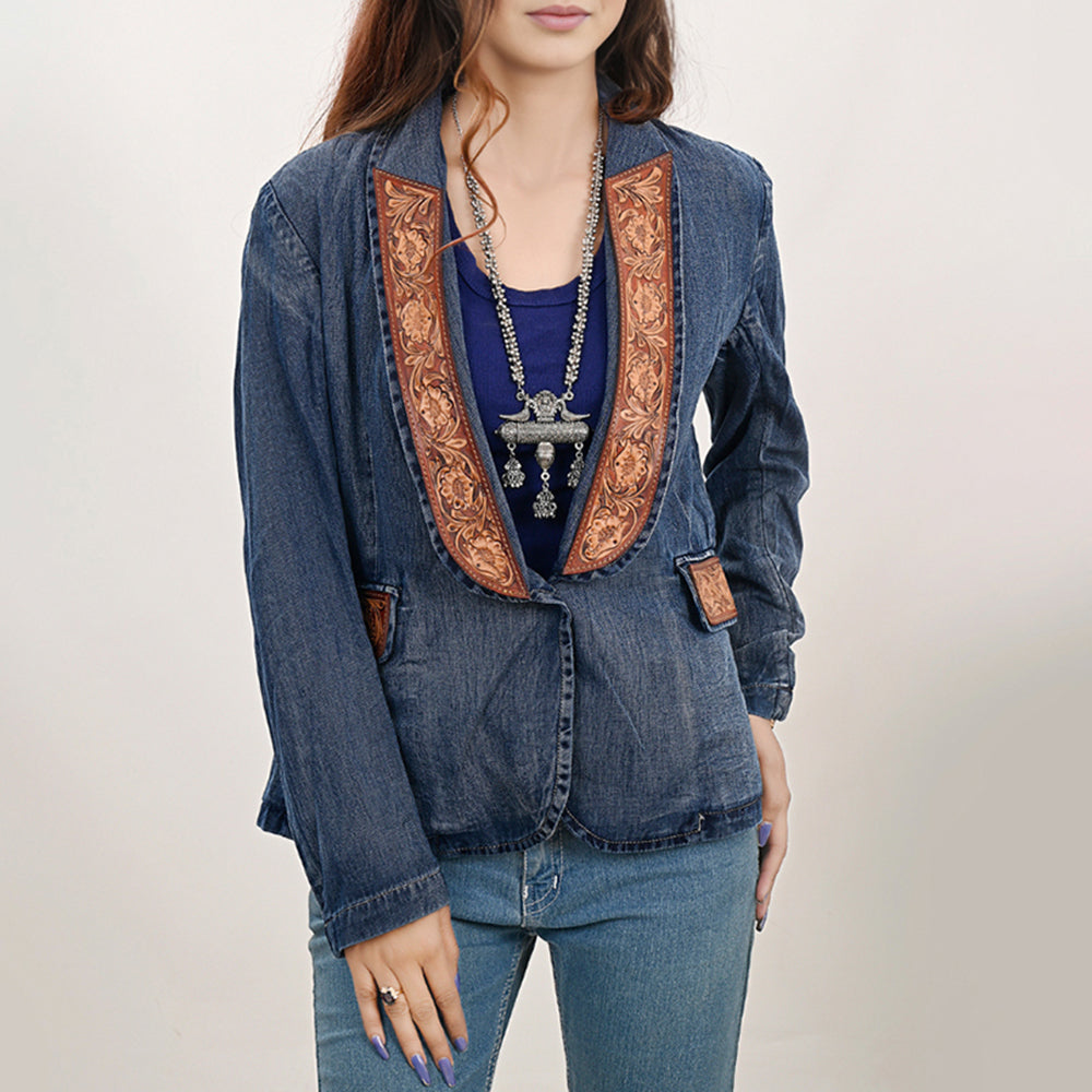 ADBZ040 Genuine leather Hand tooled Women 100% Cotton Denim Blazer dress jacket