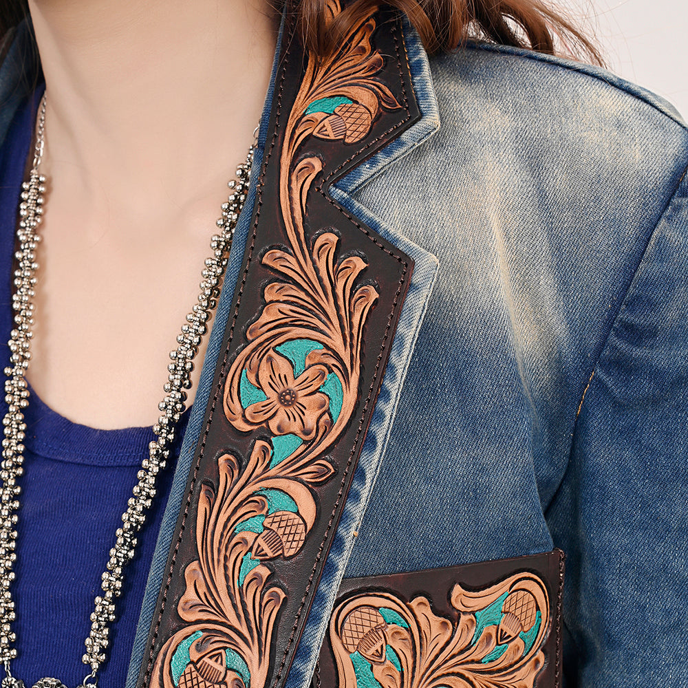 ADBZ041 Genuine leather Hand tooled Women 100% Cotton Denim Blazer dress jacket