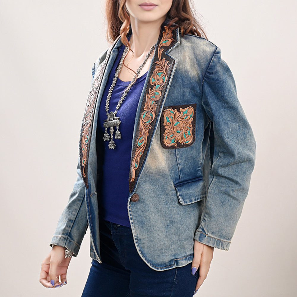 ADBZ041 Genuine leather Hand tooled Women 100% Cotton Denim Blazer dress jacket