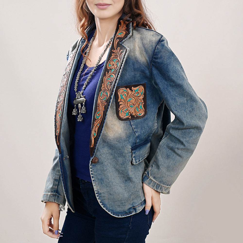 ADBZ041 Genuine leather Hand tooled Women 100% Cotton Denim Blazer dress jacket