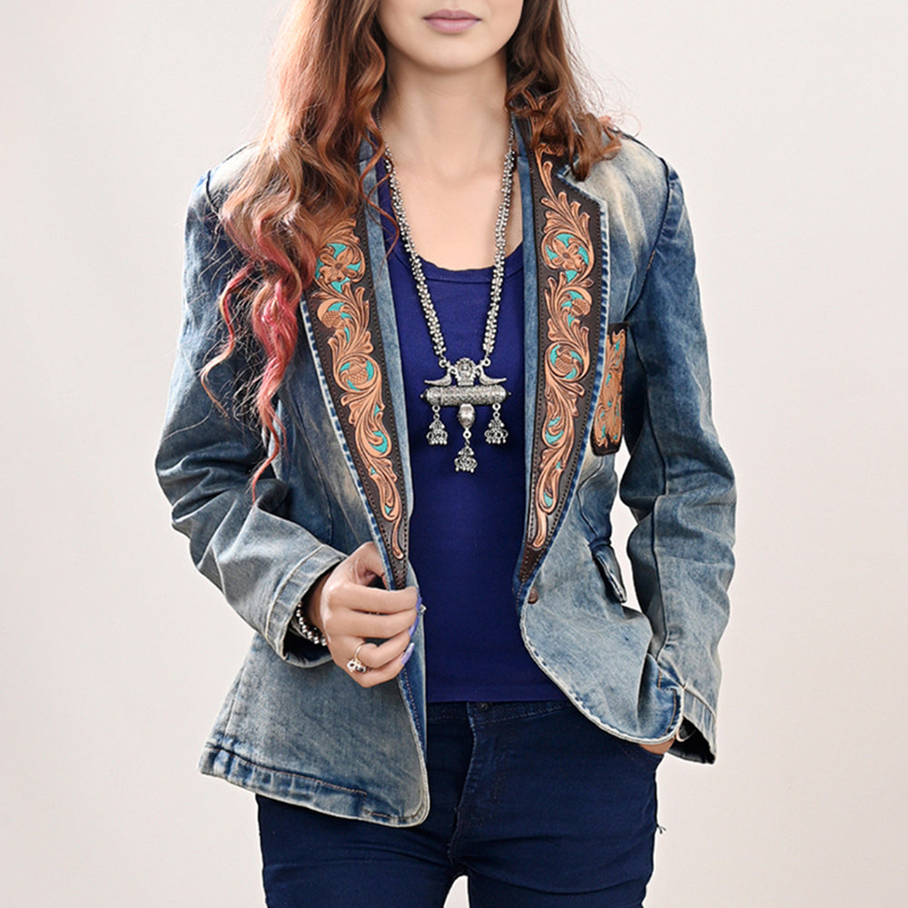 ADBZ041 Genuine leather Hand tooled Women 100% Cotton Denim Blazer dress jacket