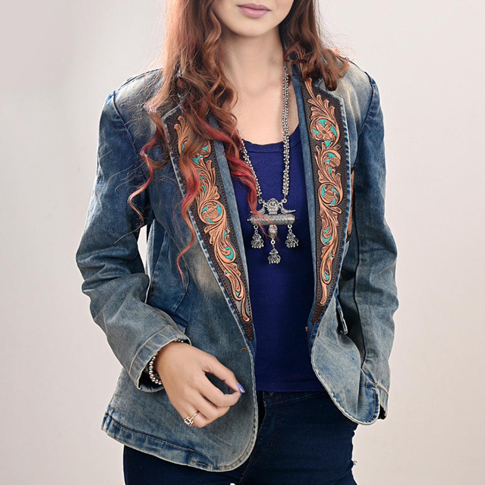 ADBZ041 Genuine leather Hand tooled Women 100% Cotton Denim Blazer dress jacket