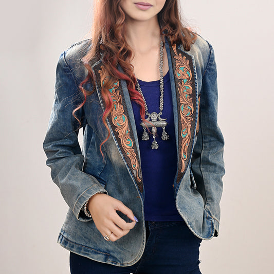 ADBZ041 Genuine leather Hand tooled Women 100% Cotton Denim Blazer dress jacket