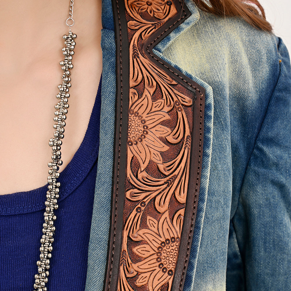 ADBZ042 Genuine leather Hand tooled Women 100% Cotton Denim Blazer dress jacket