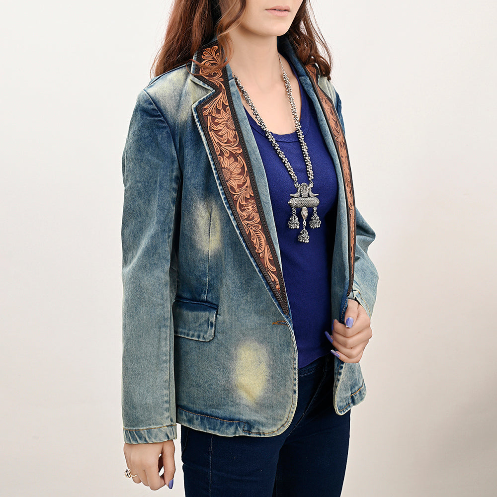 ADBZ042 Genuine leather Hand tooled Women 100% Cotton Denim Blazer dress jacket