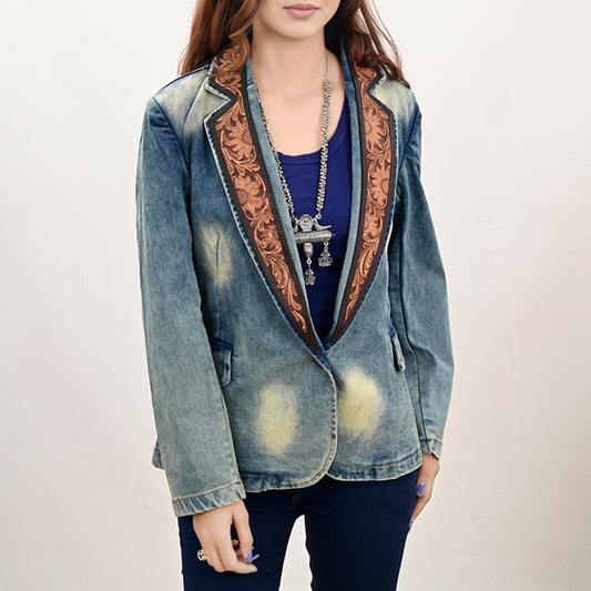 ADBZ042 Genuine leather Hand tooled Women 100% Cotton Denim Blazer dress jacket