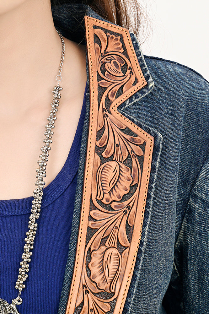 ADBZ043 Genuine leather Hand tooled Women 100% Cotton Denim Blazer dress jacket