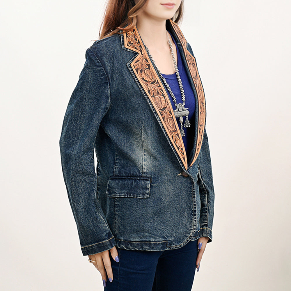 ADBZ043 Genuine leather Hand tooled Women 100% Cotton Denim Blazer dress jacket