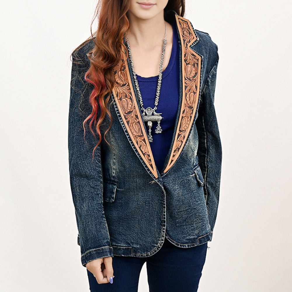 ADBZ043 Genuine leather Hand tooled Women 100% Cotton Denim Blazer dress jacket
