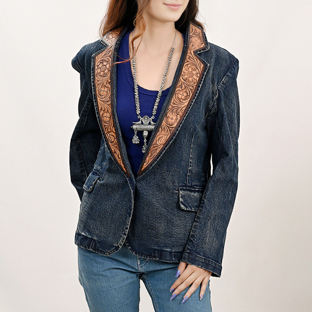 LC-ADBZ044 Genuine leather Hand tooled Women 100% Cotton Denim Blazer dress jacket