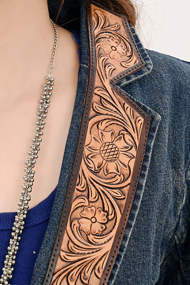 LC-ADBZ044 Genuine leather Hand tooled Women 100% Cotton Denim Blazer dress jacket