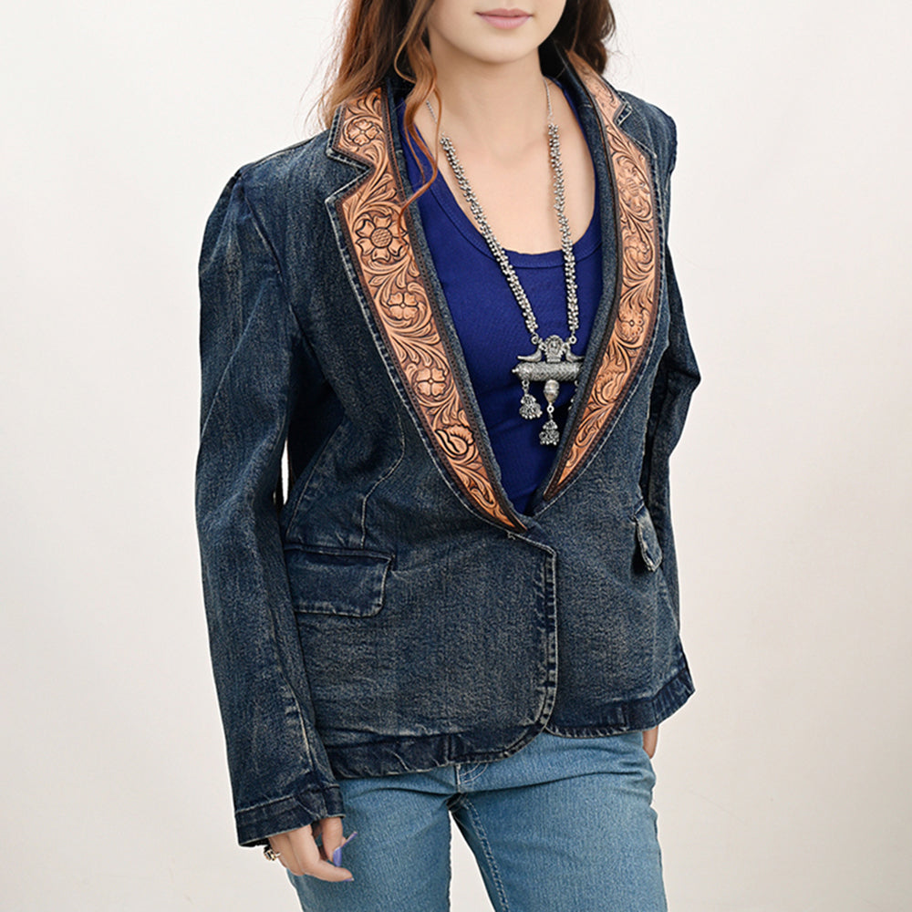 LC-ADBZ044 Genuine leather Hand tooled Women 100% Cotton Denim Blazer dress jacket