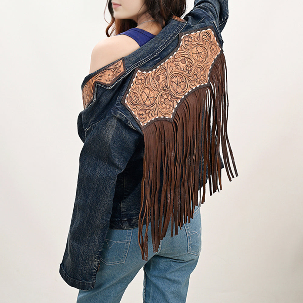 LC-ADBZ044 Genuine leather Hand tooled Women 100% Cotton Denim Blazer dress jacket