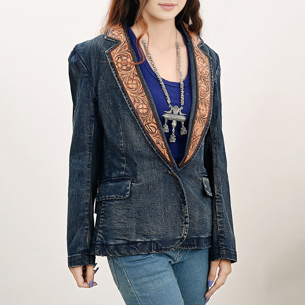 LC-ADBZ044 Genuine leather Hand tooled Women 100% Cotton Denim Blazer dress jacket