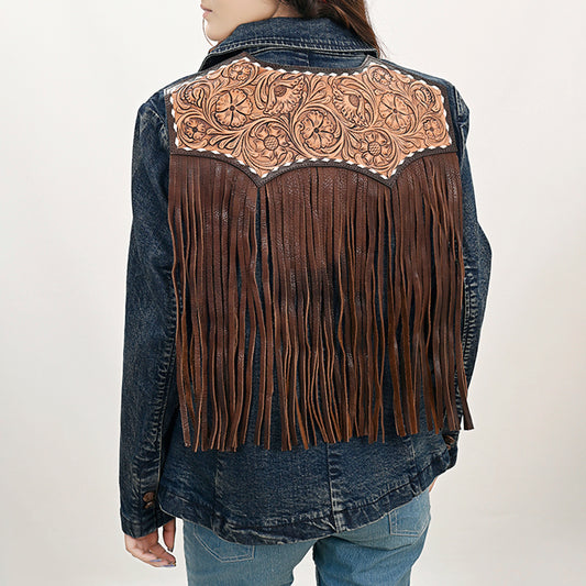 LC-ADBZ044 Genuine leather Hand tooled Women 100% Cotton Denim Blazer dress jacket