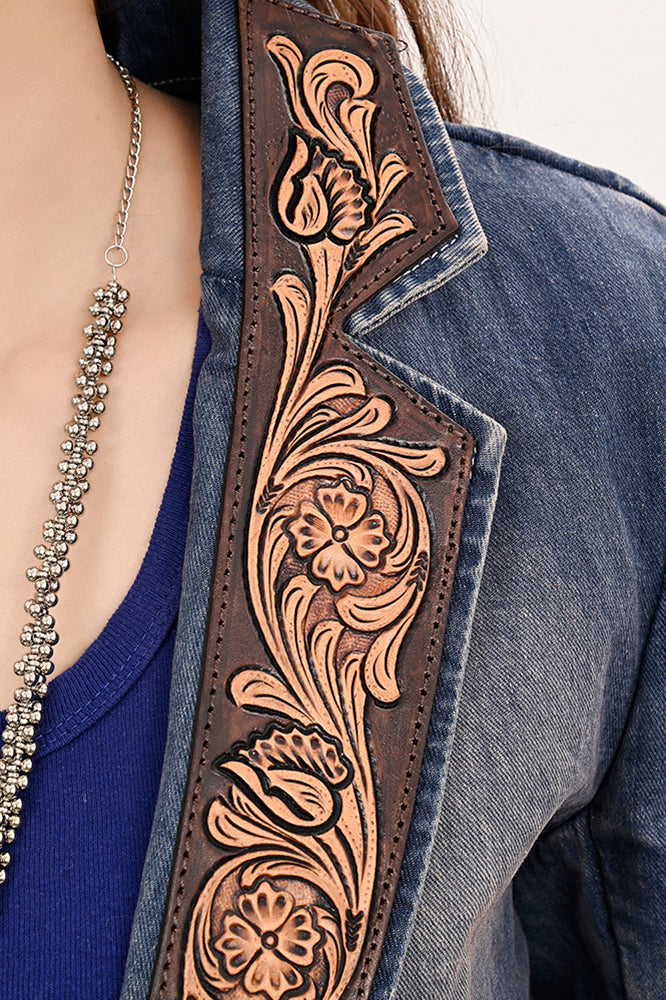 LC-ADBZ045 Genuine leather Hand tooled Women 100% Cotton Denim Blazer dress jacket