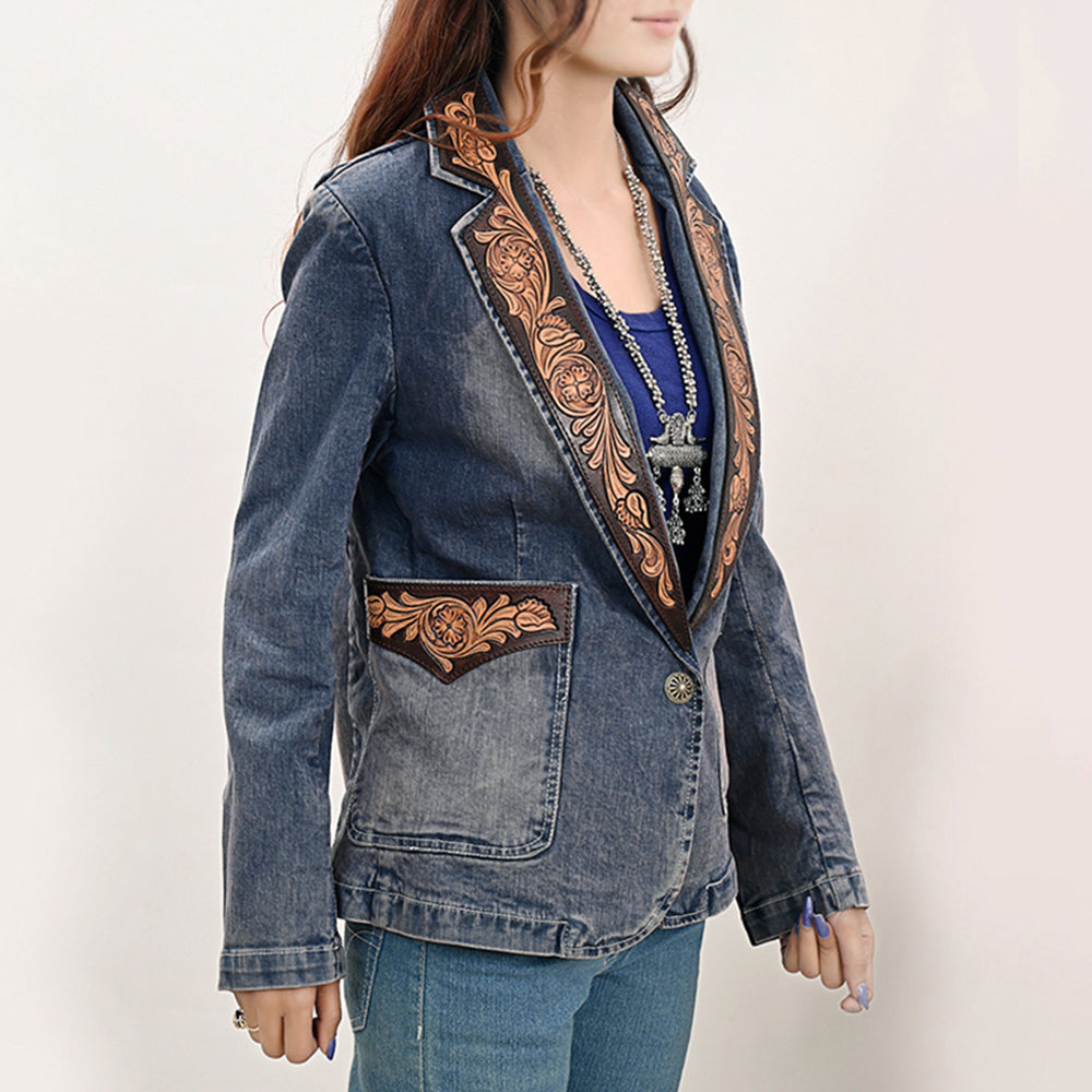 LC-ADBZ045 Genuine leather Hand tooled Women 100% Cotton Denim Blazer dress jacket