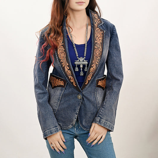 LC-ADBZ045 Genuine leather Hand tooled Women 100% Cotton Denim Blazer dress jacket