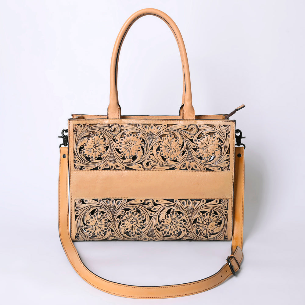 ADBGZ762A Slim Western Tote - Hand Tooled Tan Leather Bag with Panel Design