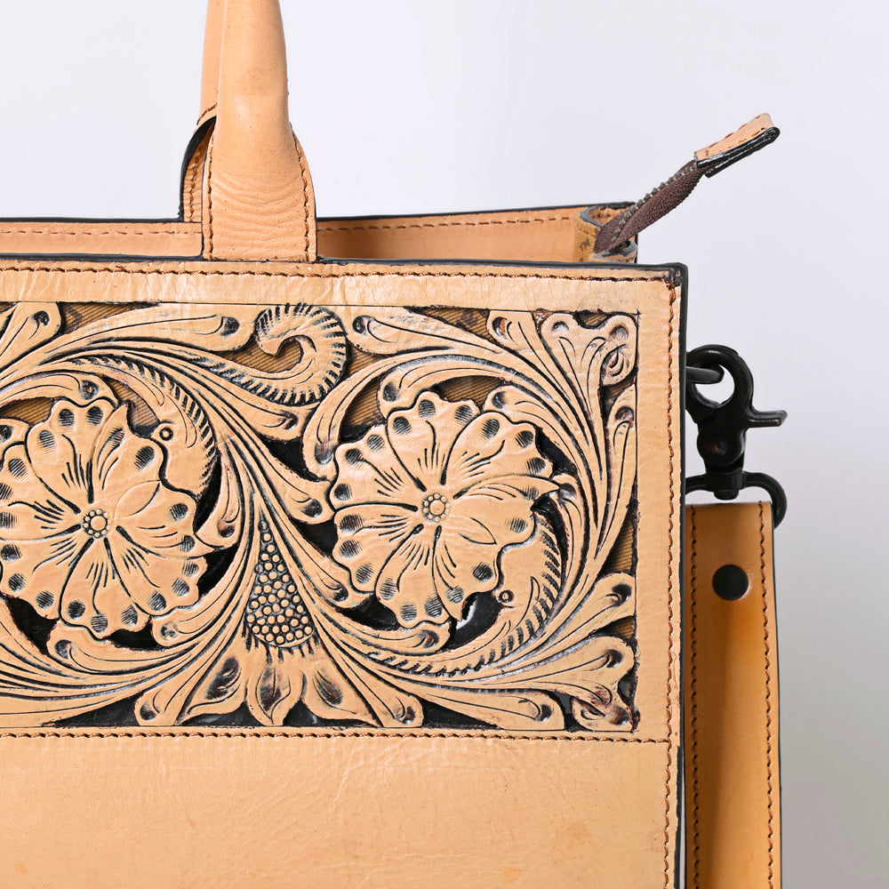 ADBGZ762A Slim Western Tote - Hand Tooled Tan Leather Bag with Panel Design