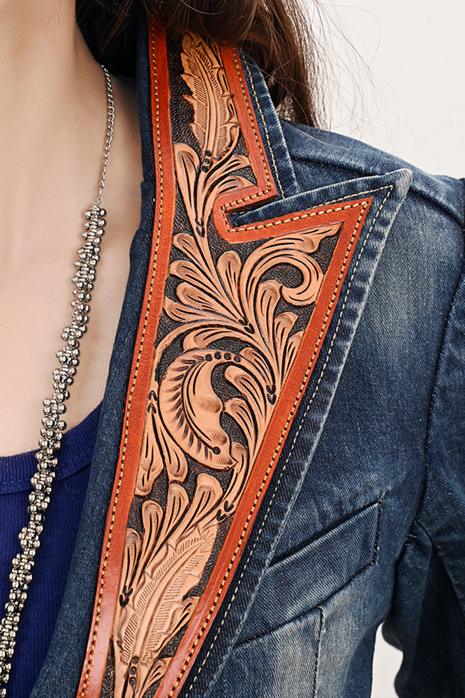 ADBZ046 Genuine leather Hand tooled Women 100% Cotton Denim Blazer dress jacket
